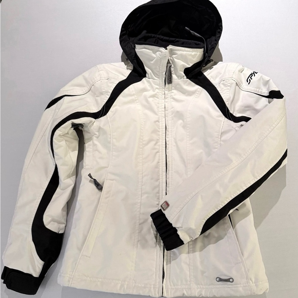 Spyder Ski Jacket Womens Size 4 White/Blk Nylon Hood Tech Pockets Snowboarding